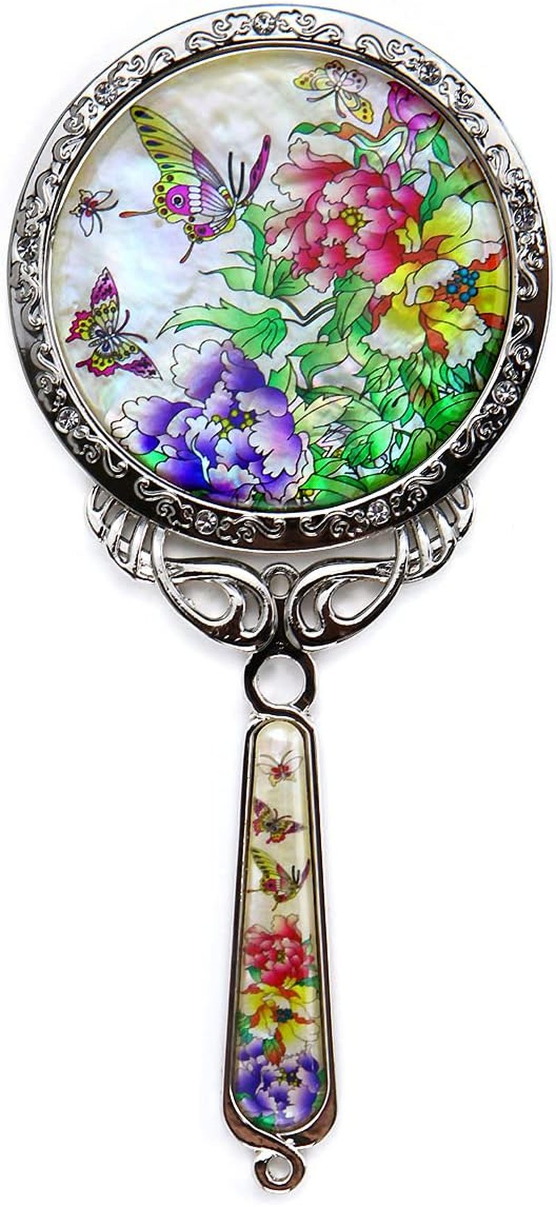 Hand Held Mirror - Eco-Friendly Mother of Pearl Coating | Vintage Rose Design for Travel & Makeup - 150x70x5mm