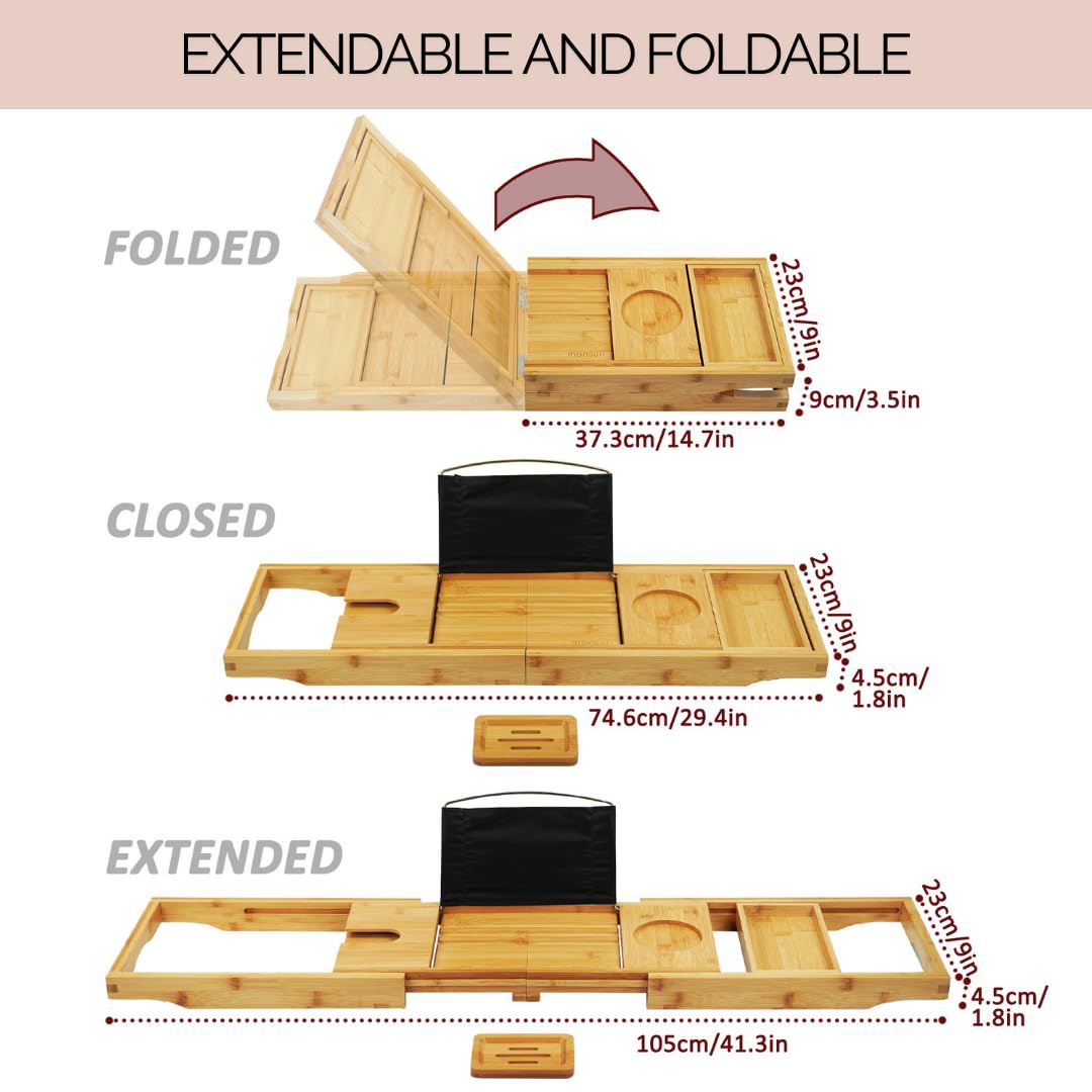 Foldable Bamboo Bathtub Tray Caddy - Expandable Bath Tray for Tub | Secure, Non-Slip Bathtub Caddy Tray for Tub for Bath Accessories, Bath Stuff – Perfect Relaxing Gifts for Women and Spa Gift Set