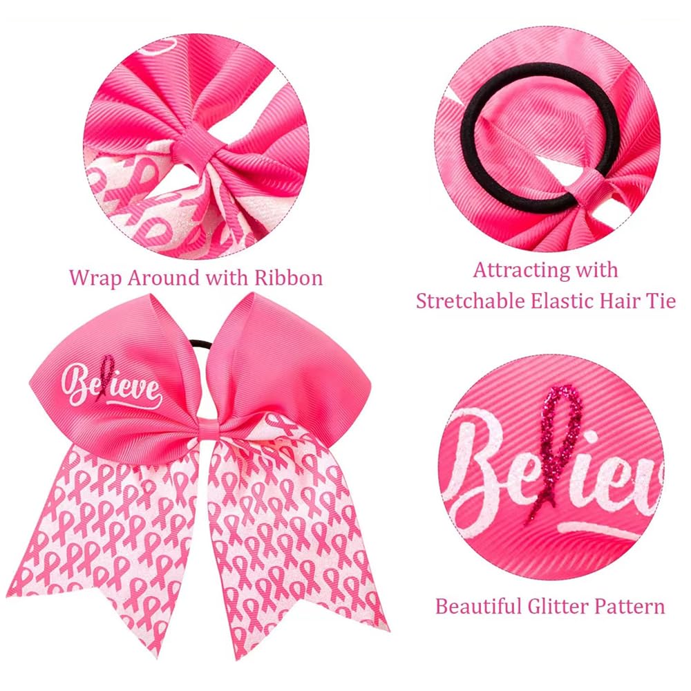 20 Pieces 7 Inch Breast Cancer Awareness Cheer Bows Pink Ribbon Hair Band Elastic Scrunchies Cheerleading with Hair Band Hair Accessories for Teens Women (Believe）