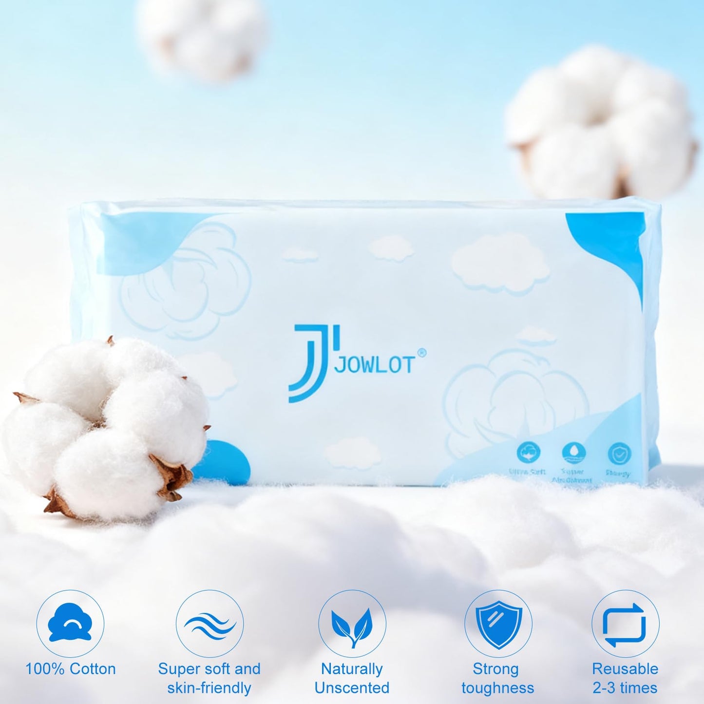JOWLOT Disposable Face Towels, 480 Count Ultra Soft and Thick Cotton Facial Towels for Sensitive Skin, Dry Wipes Face Tissues Towelettes for Cleansing, Makeup Remover and Skincare