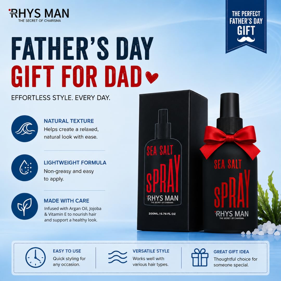 RHYS MAN Sea Salt Spray for Men - Father Gifts, Dad Gifts - Hair Texturizing Spray for Beach Waves, Volume & Matte Finish - Argan Oil, Jojoba & Vitamin E, 6.8 Fl Oz