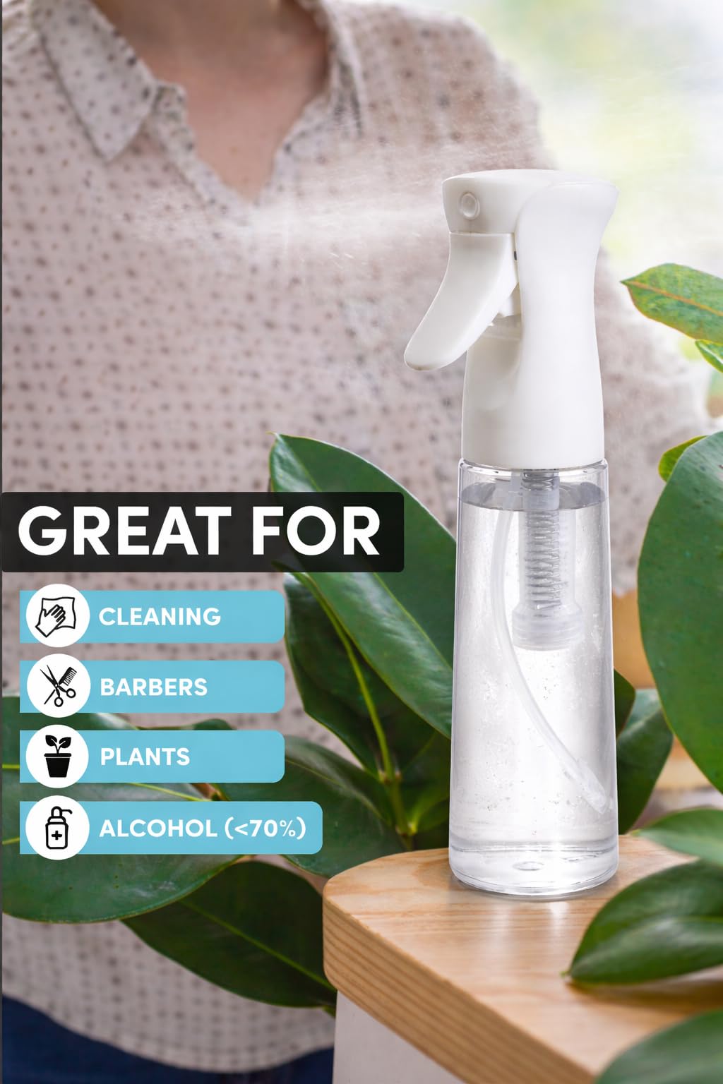 Hula Home Spray Bottle for Hair (10.1oz/300ml) - Continuous Ultra Fine Mist Sprayer – For Hairstyling, Cleaning, Salons, Plants, Essential Oil & More - White