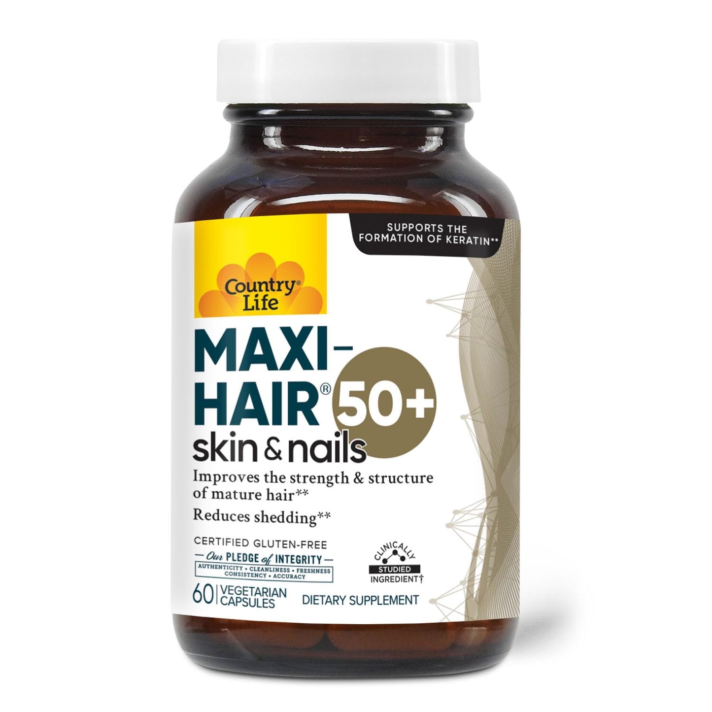 Country Life Maxi-Hair 50+ – Biotin-Based Hair, Skin & Nails Supplement for Women & Men Over 50 | Supports Healthy Hair Growth & Reduced Shedding | Certified Gluten-Free & Vegetarian | 60 Capsules