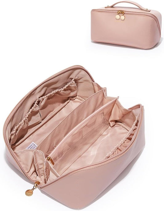 Travel Makeup Bag - Large Capacity Waterproof PU Leather Cosmetic Organizer | Flat Open Design for Skincare & Brushes