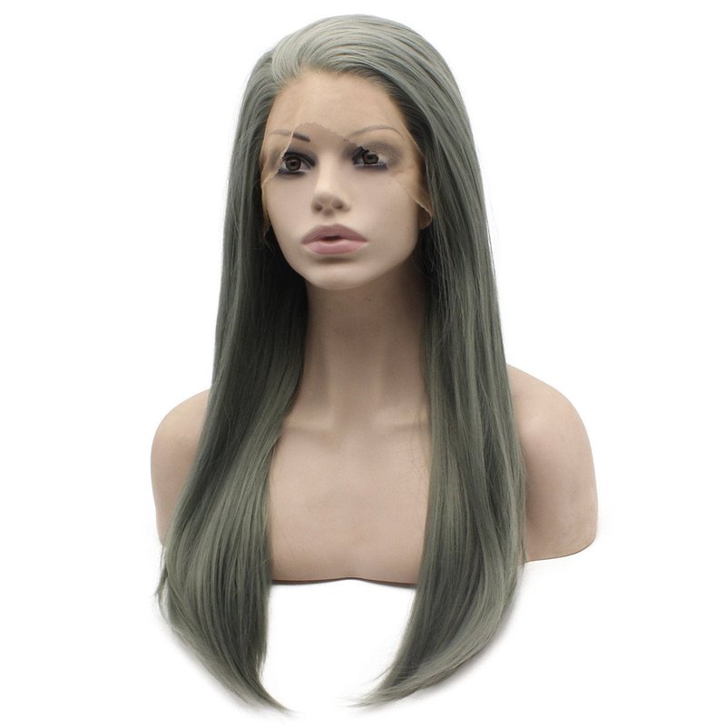 MX angel Heat Friendly Fiber Lace Front Natural Long Straight Dark Green Gray Lace Wig