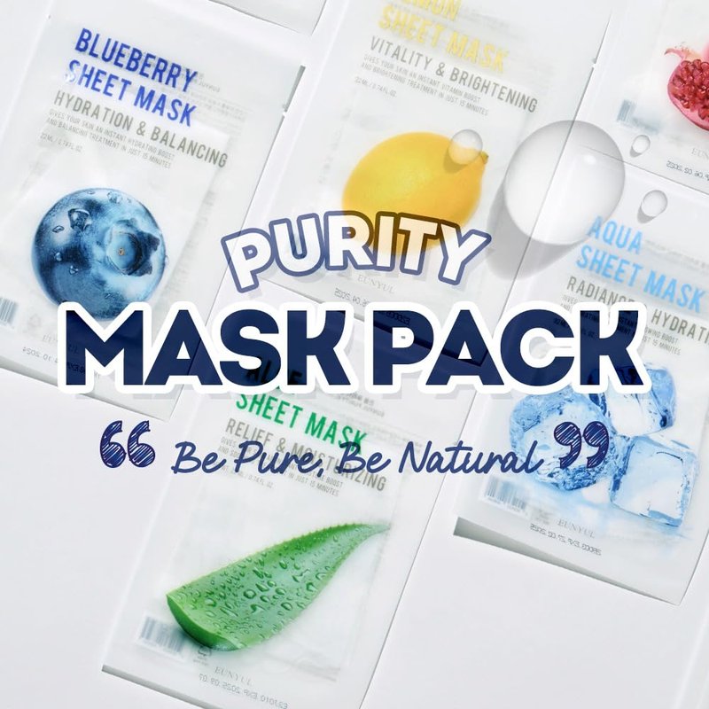 EUNYUL Purity Sheet Mask Variety Pack – 40 Count (8 Types x 5 Sheets), Hydrating & Nourishing Korean Face Masks with Aloe, Charcoal, Collagen, Lemon, Pomegranate, Pearl, Blueberry, Aqua