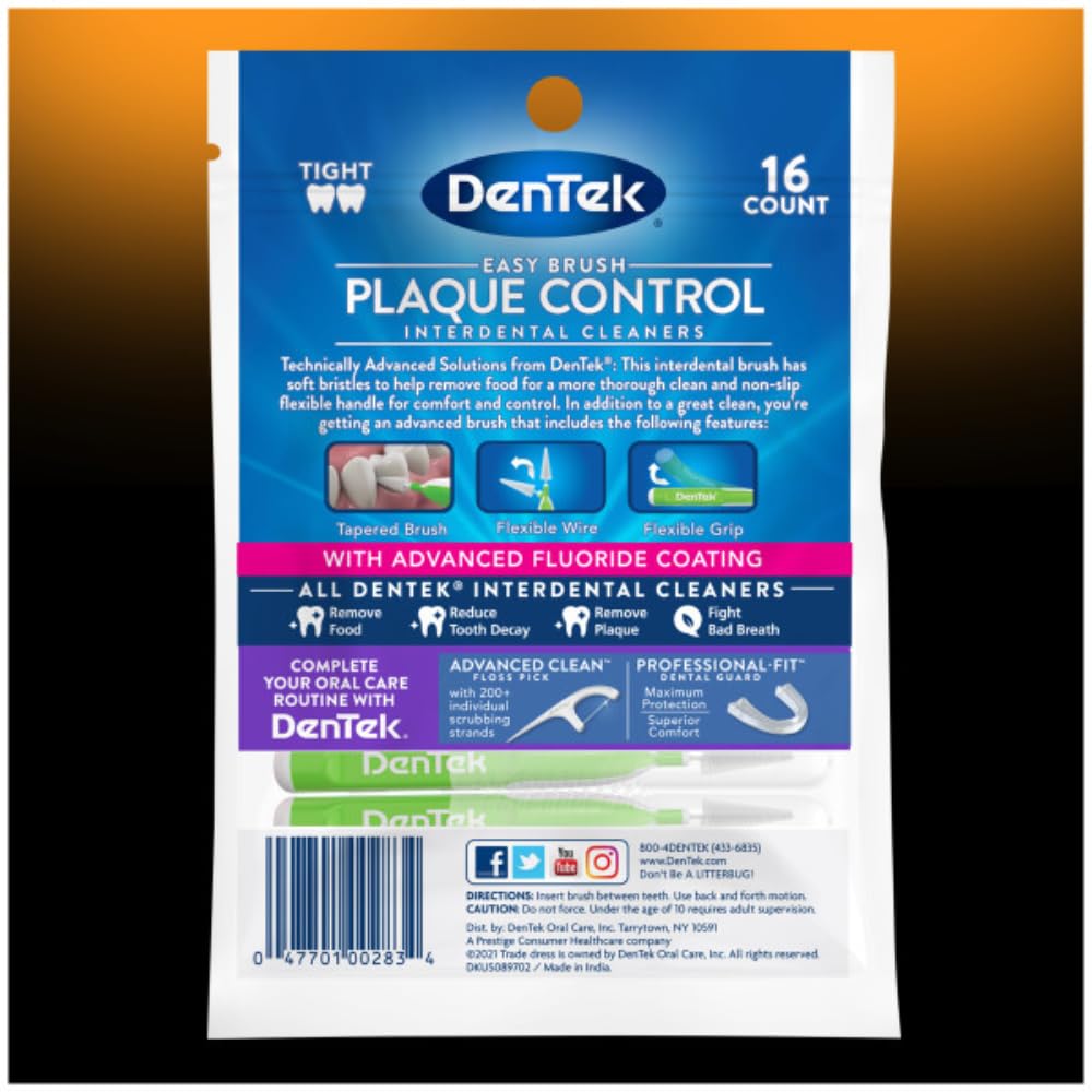 DenTek Easy Brush Interdental Cleaners, Tight Between Teeth Brushes, Plaque Control, Dental Picks for Oral Care, Fresh Mint, 16 Count (Pack of 12)