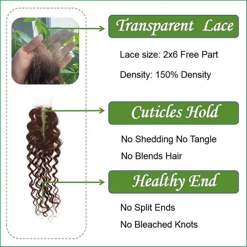 Brown Water Wave 2x6 Lace Closure Top Swiss Lace Water Wave 100% Unprocessed Remy Human Hair Deep Middle Part Curly Closure With Baby Hair Color 4 Chestnut Brown 14 Inch