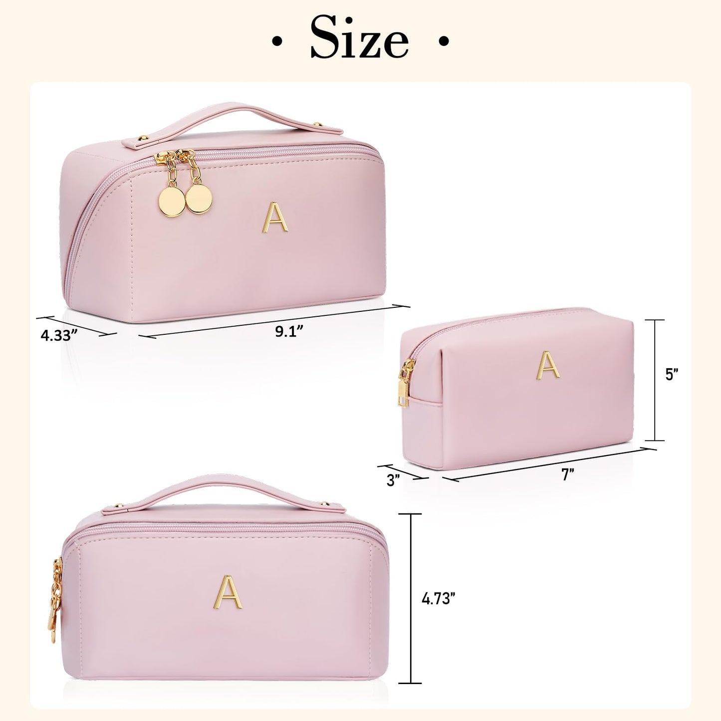 CLOUDWINGS Birthday Gifts for Women Teen Girl, Personalized Initial Makeup Organizer Bag Set, Open Flat Travel Cosmetic Bag With Clear Divider and Handle(Pink,A)