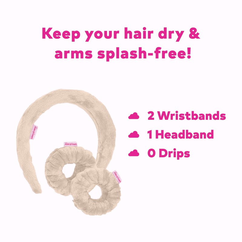 MakeUp Eraser Drip Eraser by The Original, Absorbent Headband and Wristbands Collect Water During Face Washing, 3 Piece Spa Set, One Size Fits Most, Sweet Cream