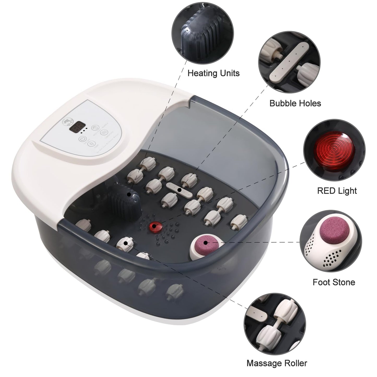 ECARBME Foot Spa Bath Massager with Heat, Foot Bath with 22 Massage Rollers, Temperature Control, Jets, Bubbles, Epsom Salt and Vibration, Foot Soaking Tub for Relaxation - Grey