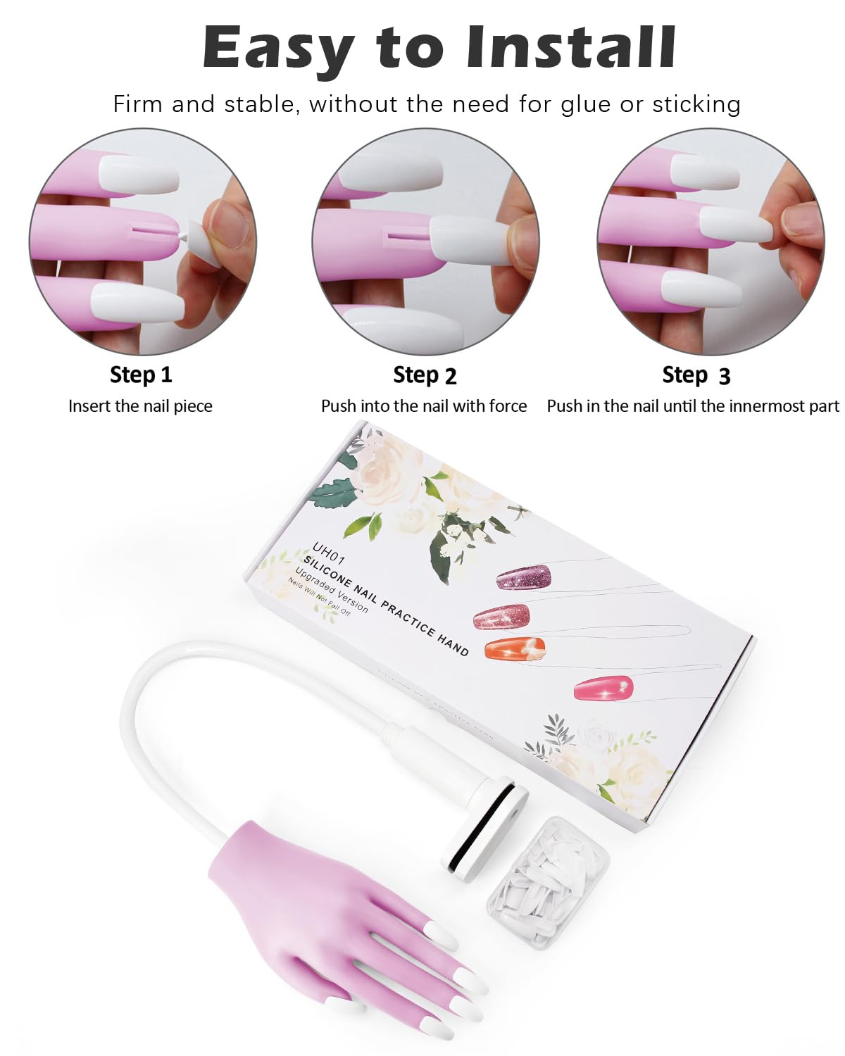 Silicone Hand for Acrylic Nails, Professional Silicone Practice Hand for Nails, Nails Never Fall Off, Flexible Bendable Acrylic Nail Practice Hand with Clear Nail Tips, Purple