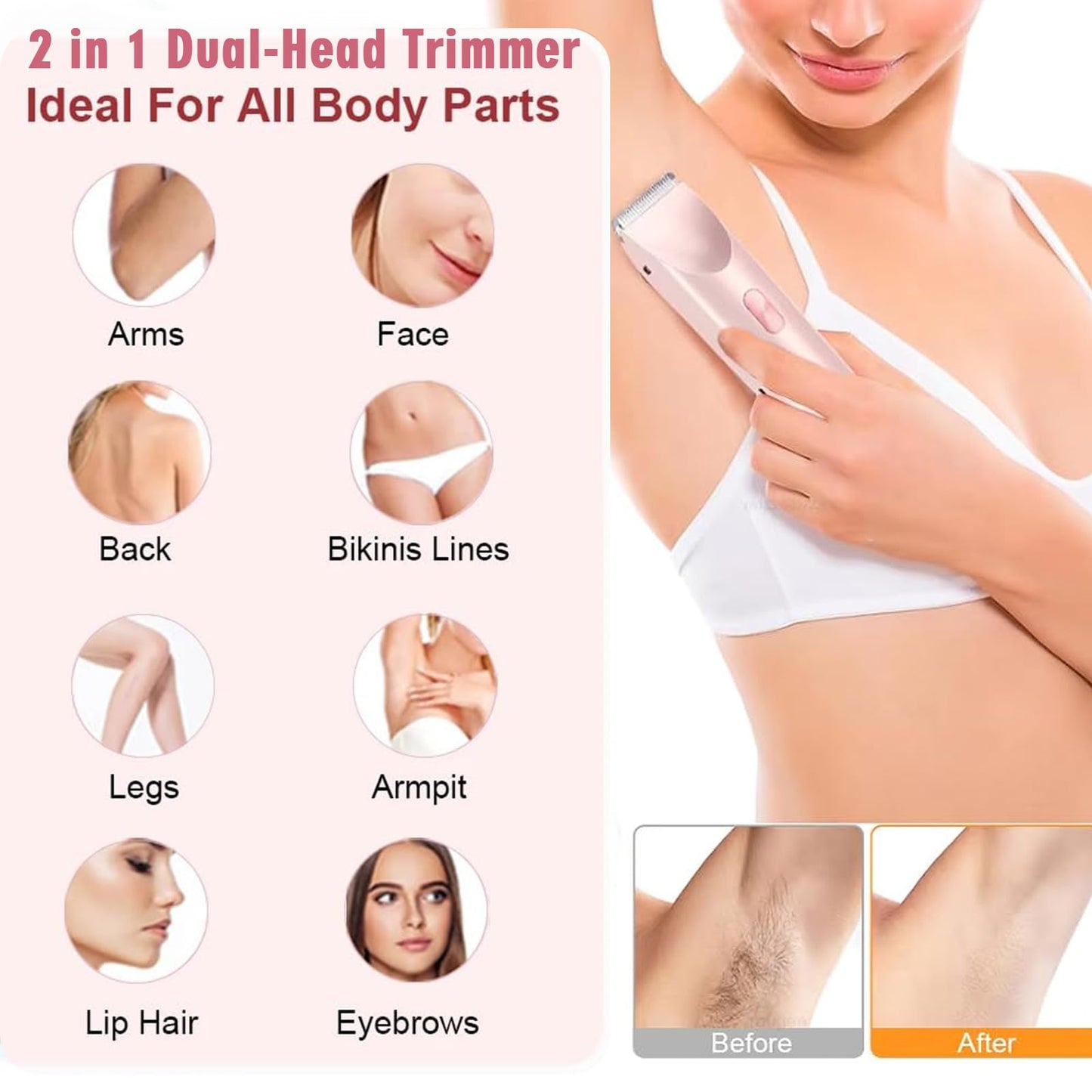 Valentines Day Gifts for Her, Bikini Trimmer for Women,2 in 1 Dual Head Bikini Shaver & Body Shaver, Cordless & Waterproof Electric Bikini Trimmer for Women,Pink