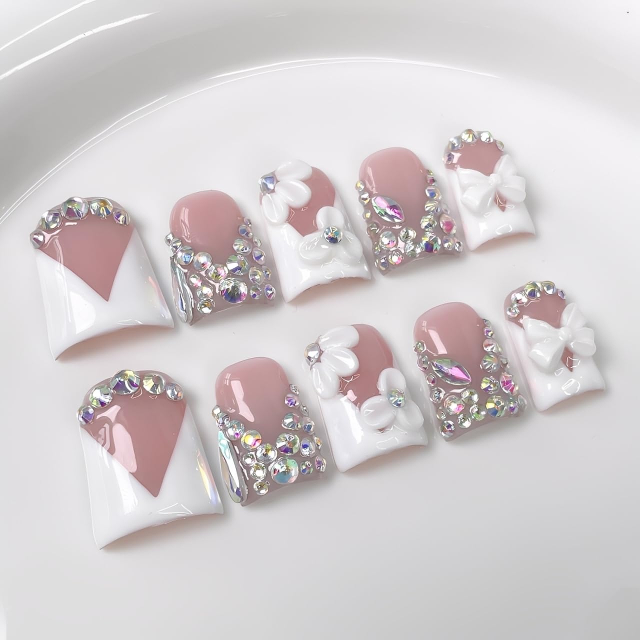 Handmade Press on Nails Rhinestone French Tip Fake Nails Muti-Layer Gel Short Duck False Nail with Luxury 3D White Flower Bow Design Full Cover Thicked Acrylic Nail Stick on Nail for Women (M)