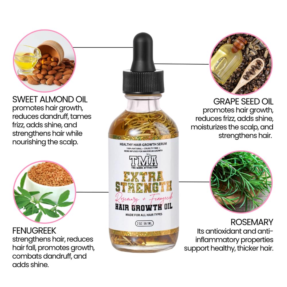 Herbal Hair Growth Oil - Extra-Strength Rosemary & Fenugreek Blend | Scalp Nourishing for All Hair Types, 2 Fl Oz