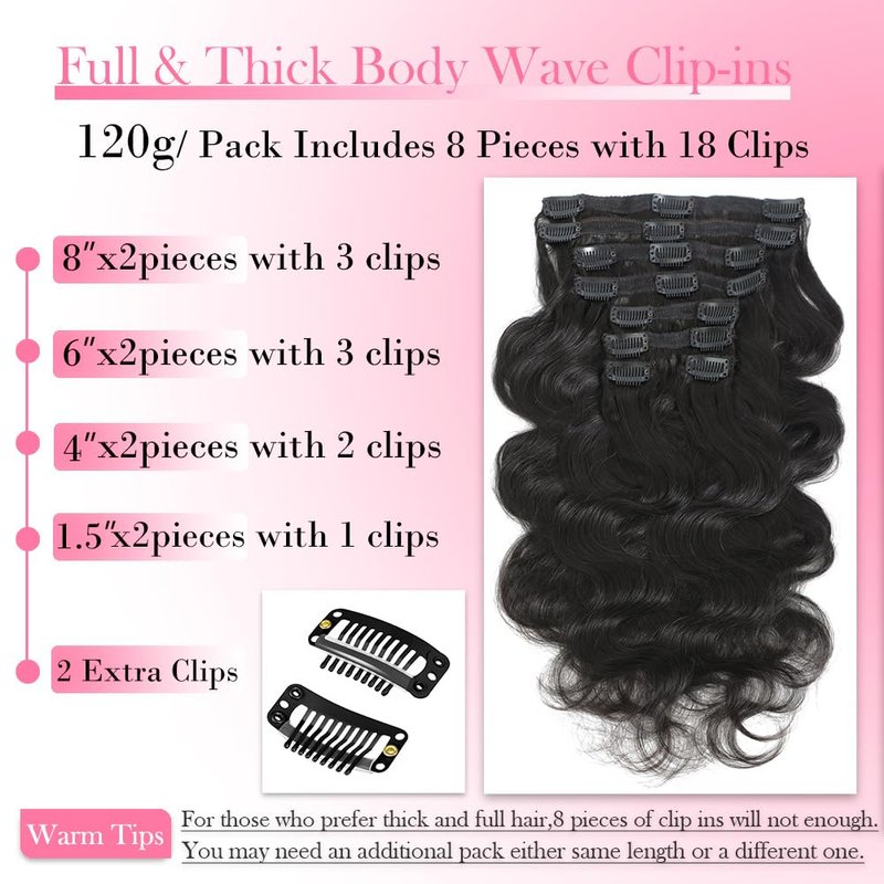 AIWET Body Wave Clip in Hair Extensions Real Human Hair, 8Pcs 120g Wavy Human Hair Clip in Extensions for Women 12A Brazilian Virgin Wavy Human Hair Extensions Clip ins Natural Black (#1B,16 Inch)