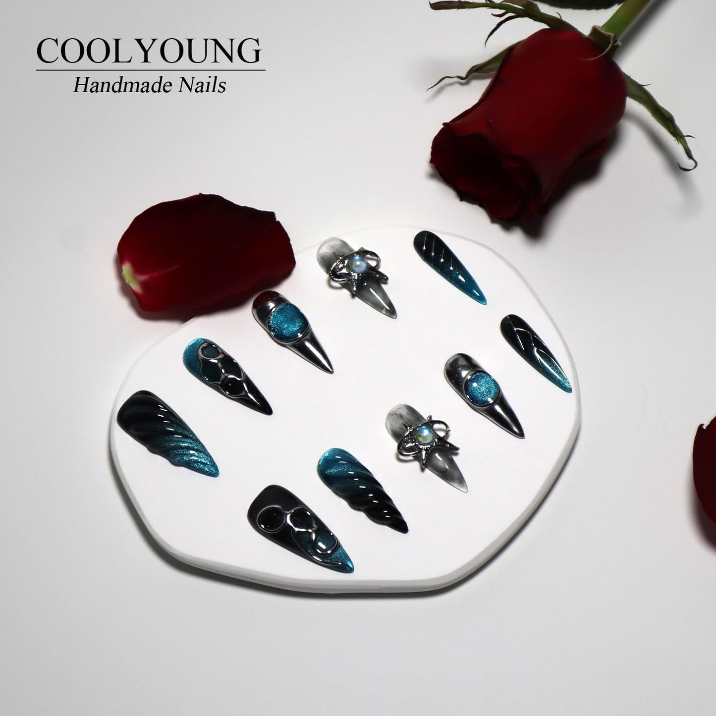 Handmade Press On Nails, Press On Nails Blue, Nailphoria Press Ons, Real Acrylic Press On Nails, Press On Nails 3D, Artificial Nails, Women Gift, COOLYOUNG Nails, 10 PCS, Size M