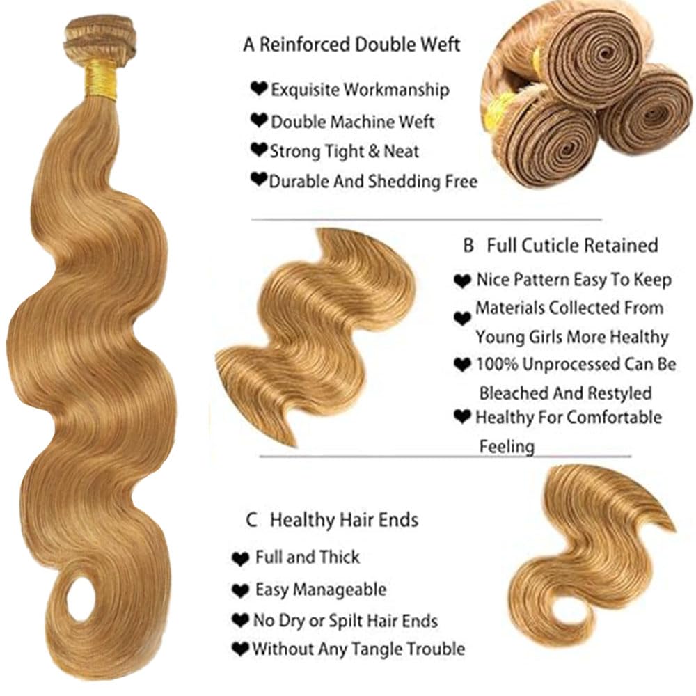 Honey Blonde Body Wave Hair Bundle - 20 Inch Unprocessed Brazilian Virgin Hair Extension | 100G/PC