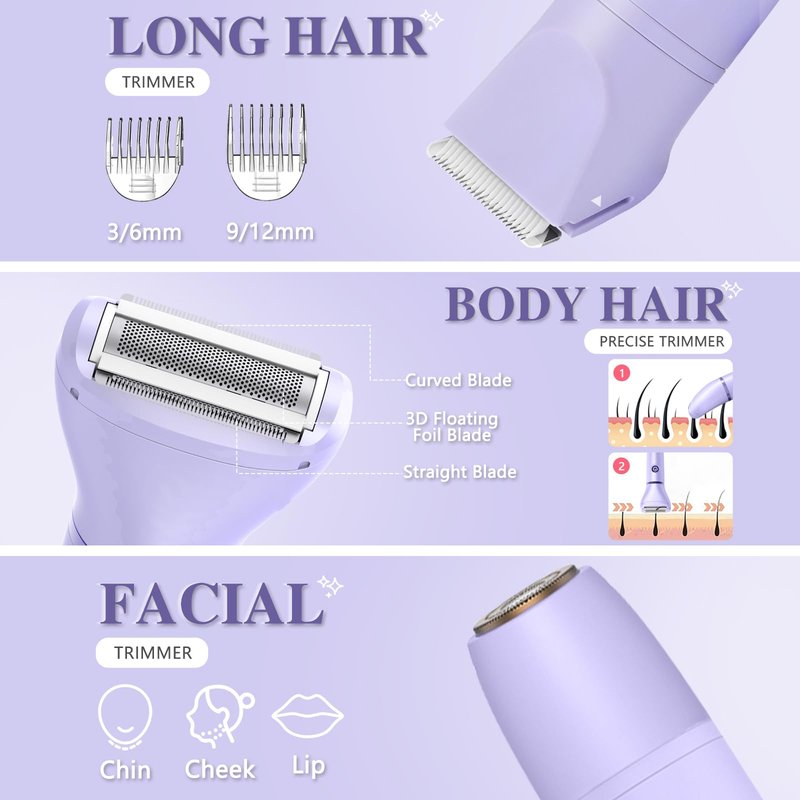 3-in-1 Bikini Trimmer for Women, IPX7 Waterproof Electric Shaver for Women-Rechargeable Electric Razors for Pubic, Facial & Body Hair Trimmer with LED Display, Travel Kit & Painless Blades (Purple)