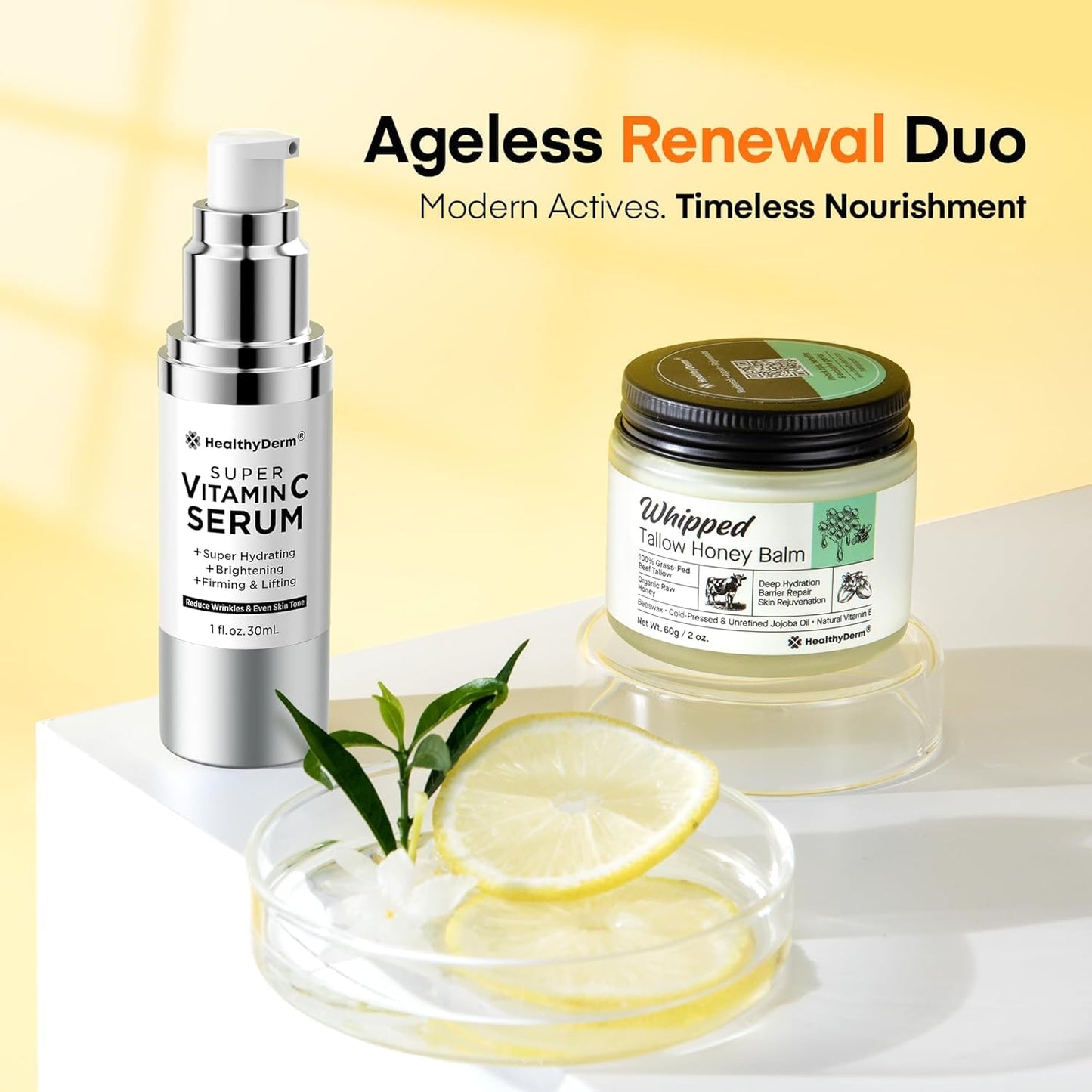 Super Vitamin C with Beef Tallow Honey Balm for Skin Duo – with Peptides & Niacinamide for Face Wrinkles, Lifting, & Age Spots | Complete Anti-Aging Skincare Set for Restoring Radiance to Mature Skin
