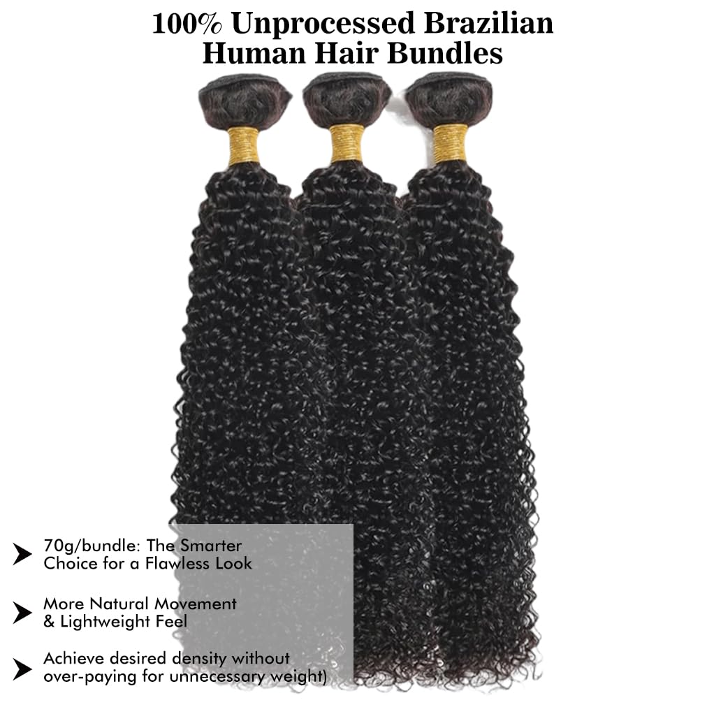 Kinky Curly Human Hair Bundles - 100% Unprocessed Brazilian Virgin Hair | 10, 12, 14 Inch, Natural Black, 3 Bundles for Weave Extensions