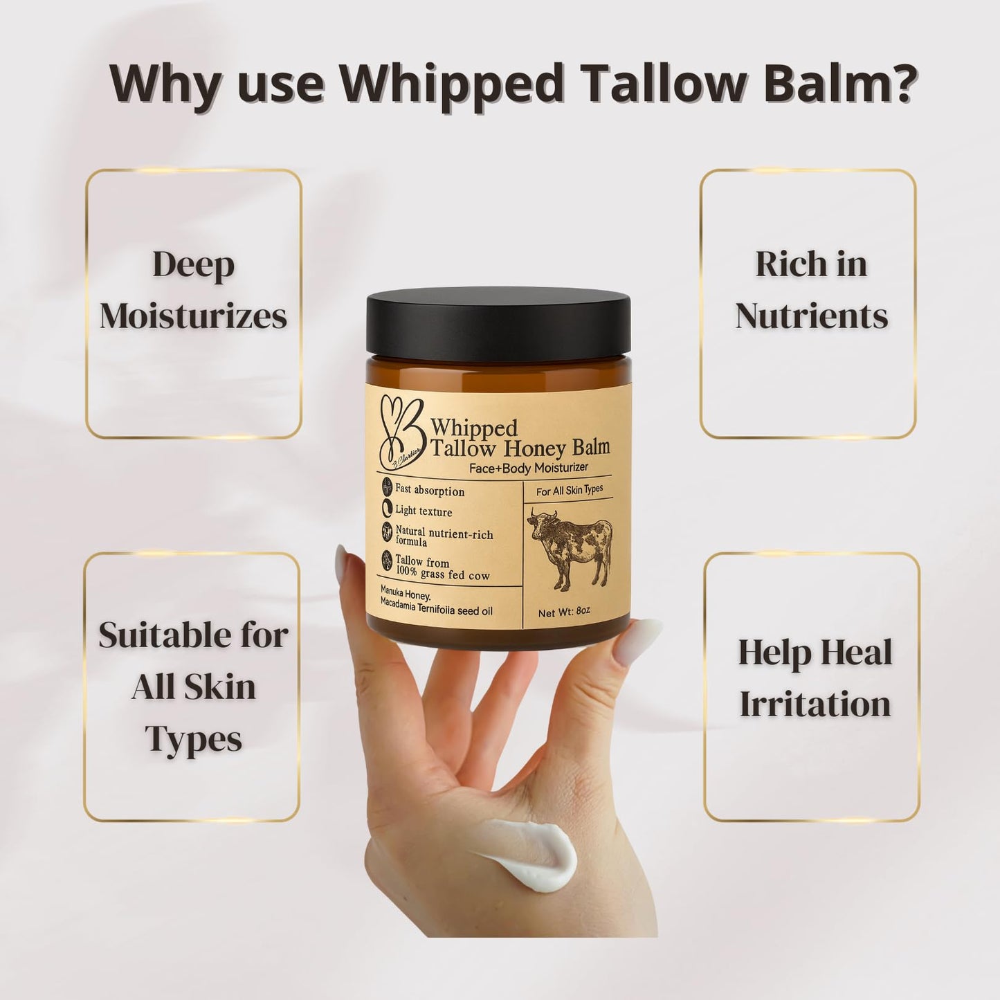 B.Chartier Beef Tallow for Skin- Tallow Balm for face- Tallow Face Moisturizer - Beef Tallow Moisturizer- Tallow and Honey Balm - Grass Fed Beef Tallow For Skin - Tallow Face Cream Lotion (8.0 oz)