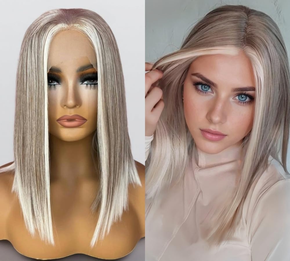 Ombre Ash Blonde Lace Front Wig - Pre-Plucked Baby Hair, White Grey Balayage Highlights | Straight Bob Synthetic Wig for Women