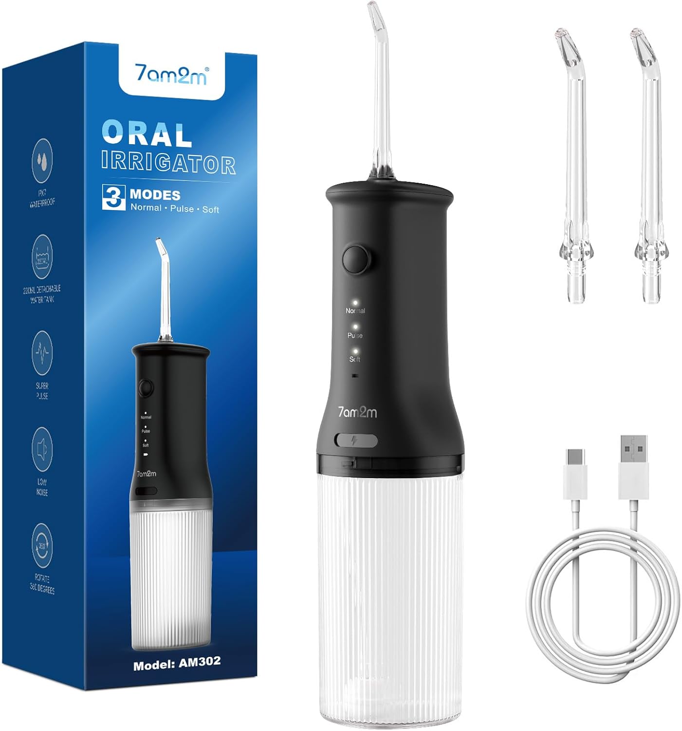 Portable Water Flosser - Cordless Dental Water Flosser with 3 Modes, 2 Jet Tips, USB-C Rechargeable | IPX7 Waterproof, Travel-Friendly (Black)