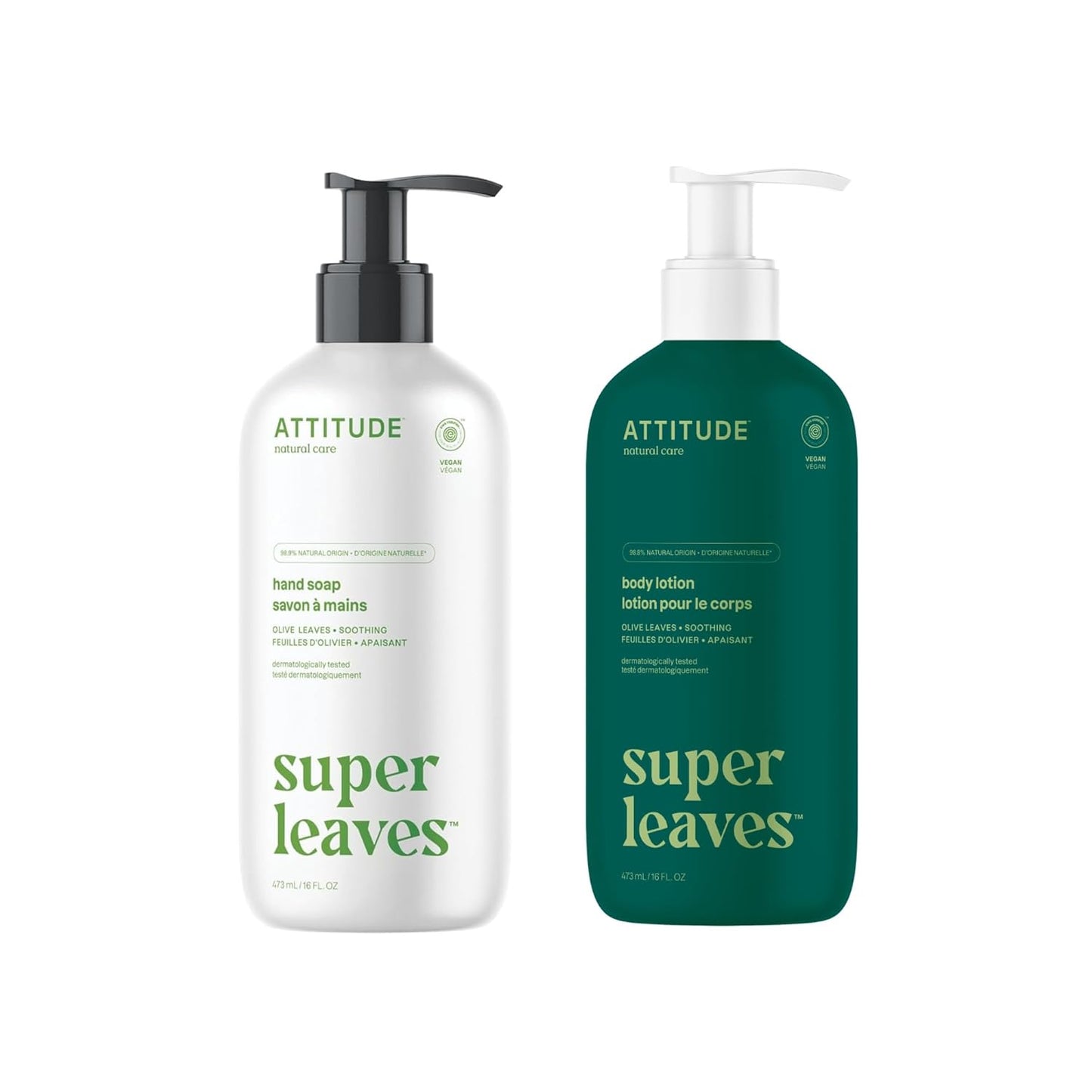 ATTITUDE Liquid Hand Soap & Body Lotion Bundle - EWG Verified, Vegan, Olive Leaves, 16 Fl Oz