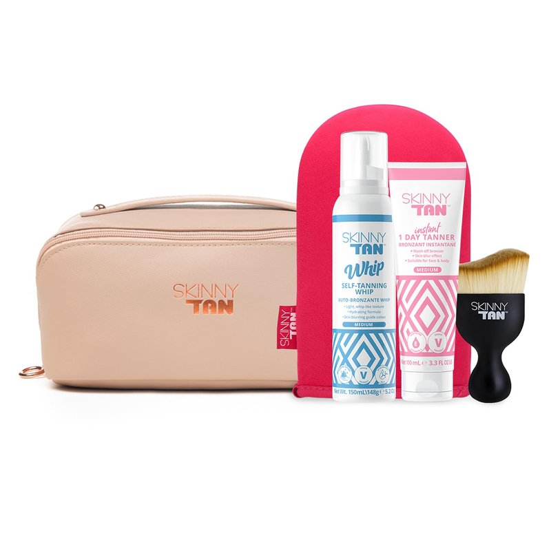 Your Perfect Glow Collection Set by Skinny Tan for Women - 4 Pc Gift Set 5oz Self Tanning Whip, 1oz Day Instant Tanner, Miracle Blush, Pink Velvet Tanning Mit