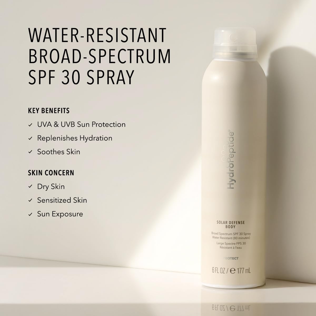 HydroPeptide Solar Defense Body SPF 30, Broad Spectrum, Water Resistant Sunscreen, Hydrates and Soothes, 6 Ounce