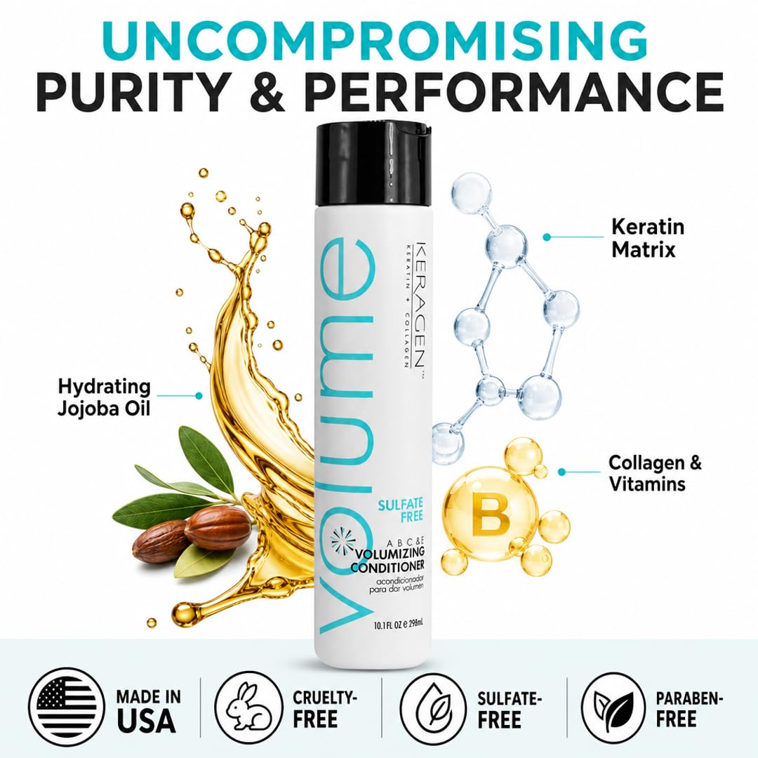 KERAGEN Volumizing Conditioner – Alcohol-Free, Sulfate-Free & Paraben-Free for Fine Hair | Keratin, Panthenol, Jojoba Oil & Vitamins | Lightweight Hydration & Frizz Control | Made in USA | 10 oz
