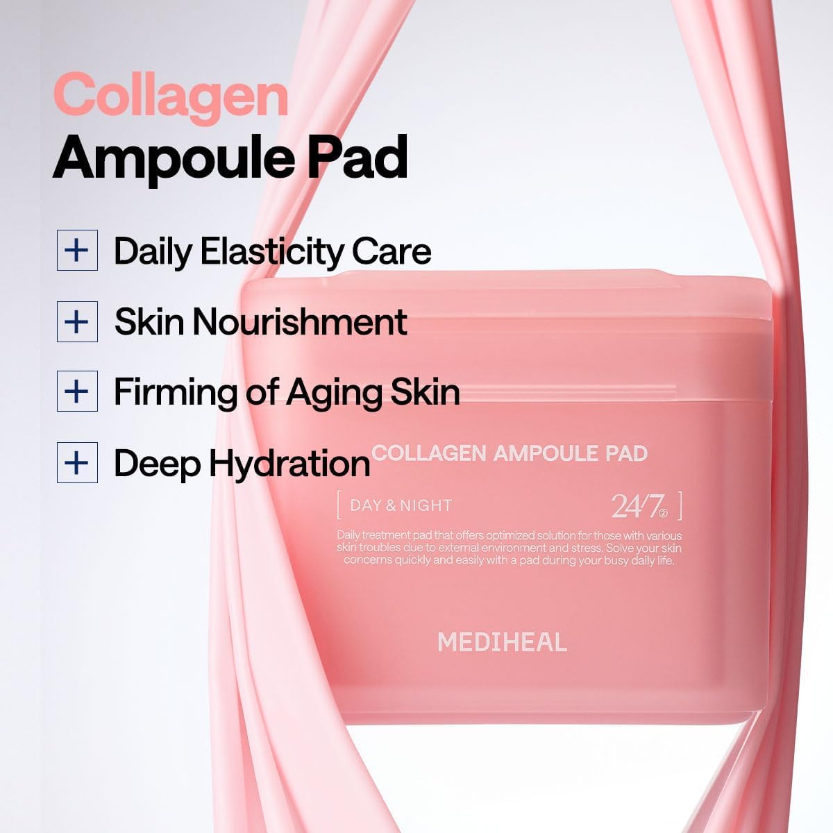 MEDIHEAL Toner Pads - Collagen Ampoule Toner Pad (100 count) with Ceramide - Skin Firming, Restore Elasticity, Deep Hydration - Tighten Wrinkles & Lines - Vegan Moisturizing Fabric, Korean Skin Care