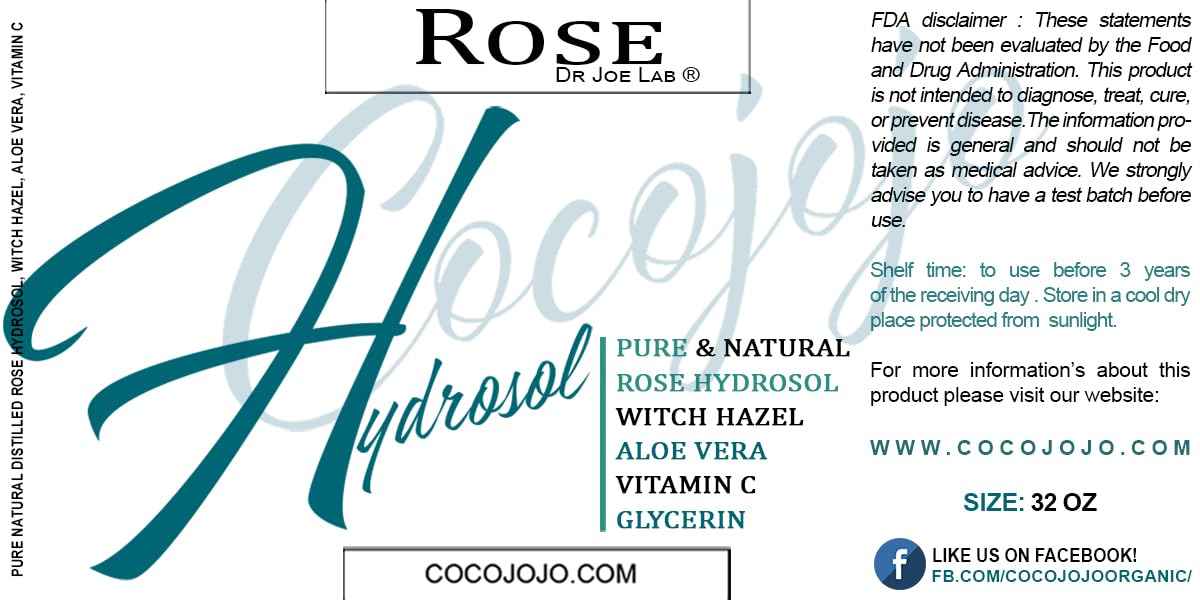 Dr Joe Lab Rose Water Hydrosol, Glycerin, Aloe Vera, Vitamin C & Witch Hazel Mix - Natural, Vegan, Non GMO, Floral, Face, Hair- 32 oz - Hydrating, Cleansing, Toning - Packaging May Vary