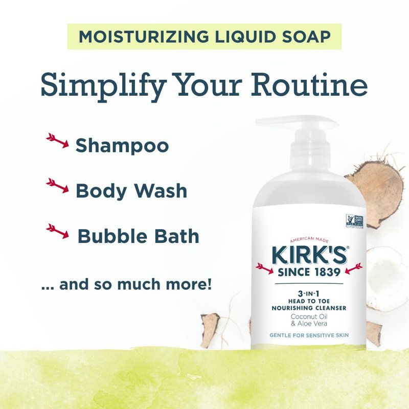 Kirk's Juniper & Lime 3-in-1 Nourishing Cleanser, Shampoo Body Wash Bubble Bath, Coconut Oil and Aloe Vera, Vegan Non-GMO, 32 Fl Oz, Pack of 2