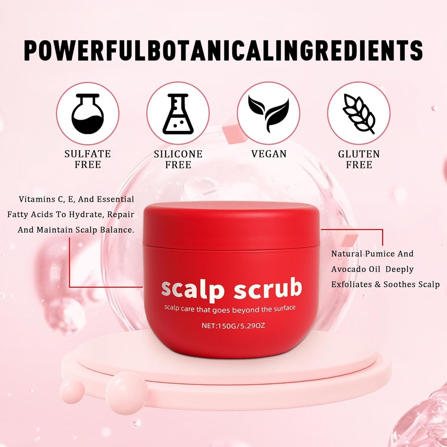 Avocado Oil Scalp Scrub, Rich in Grapefruit Extract, Grapeseed Extract, and Pumice, Natural Scrub & Dry Scalp, Gluten Free, Vegan