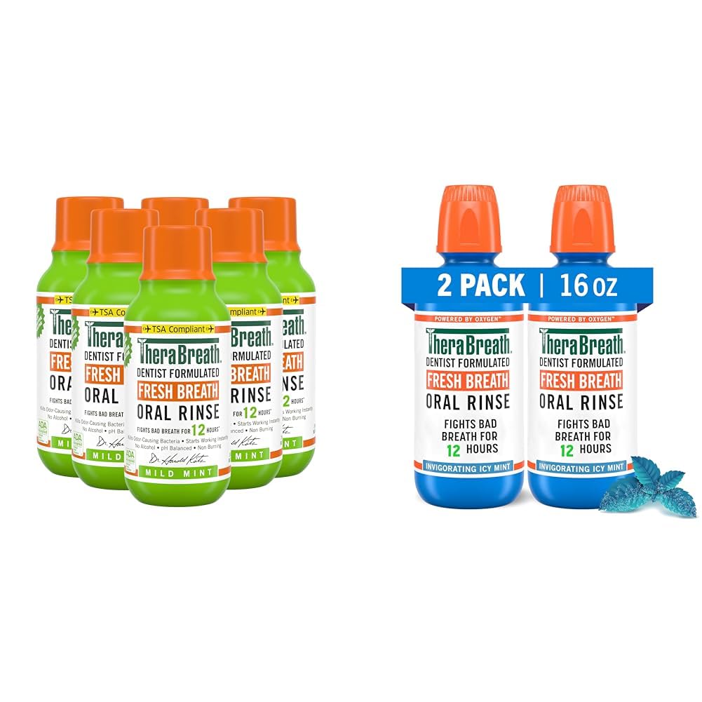 TheraBreath Dentist Formulated Fresh Breath Oral Rinse, Mild Mint, 3 Fl Oz (Pack of 6) and Mouthwash, ICY Mint, 16 Fl Oz (Pack of 2)