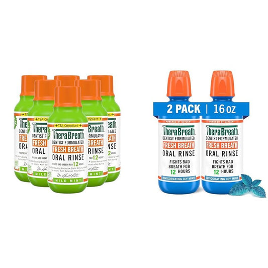 TheraBreath Dentist Formulated Fresh Breath Oral Rinse, Mild Mint, 3 Fl Oz (Pack of 6) and Mouthwash, ICY Mint, 16 Fl Oz (Pack of 2)