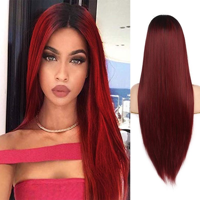 Ombre Wine Red Wigs for Women - Long Straight Heat-Resistant Fiber | Perfect for Parties & Cosplay