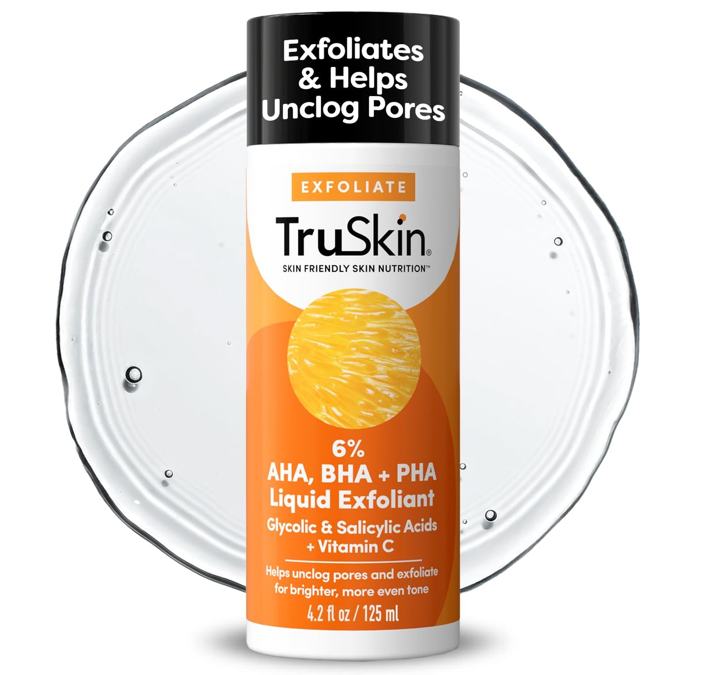 TruSkin BHA Liquid Exfoliant & Toner for Face - Triple Acid AHA BHA PHA Exfoliator with Salicylic, Glycolic Acid & Vitamin C - Improves Look of Tone & Texture, Unclogs Pores, 4.2 fl oz