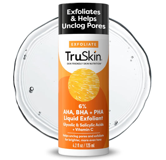TruSkin BHA Liquid Exfoliant & Toner for Face - Triple Acid AHA BHA PHA Exfoliator with Salicylic, Glycolic Acid & Vitamin C - Improves Look of Tone & Texture, Unclogs Pores, 4.2 fl oz