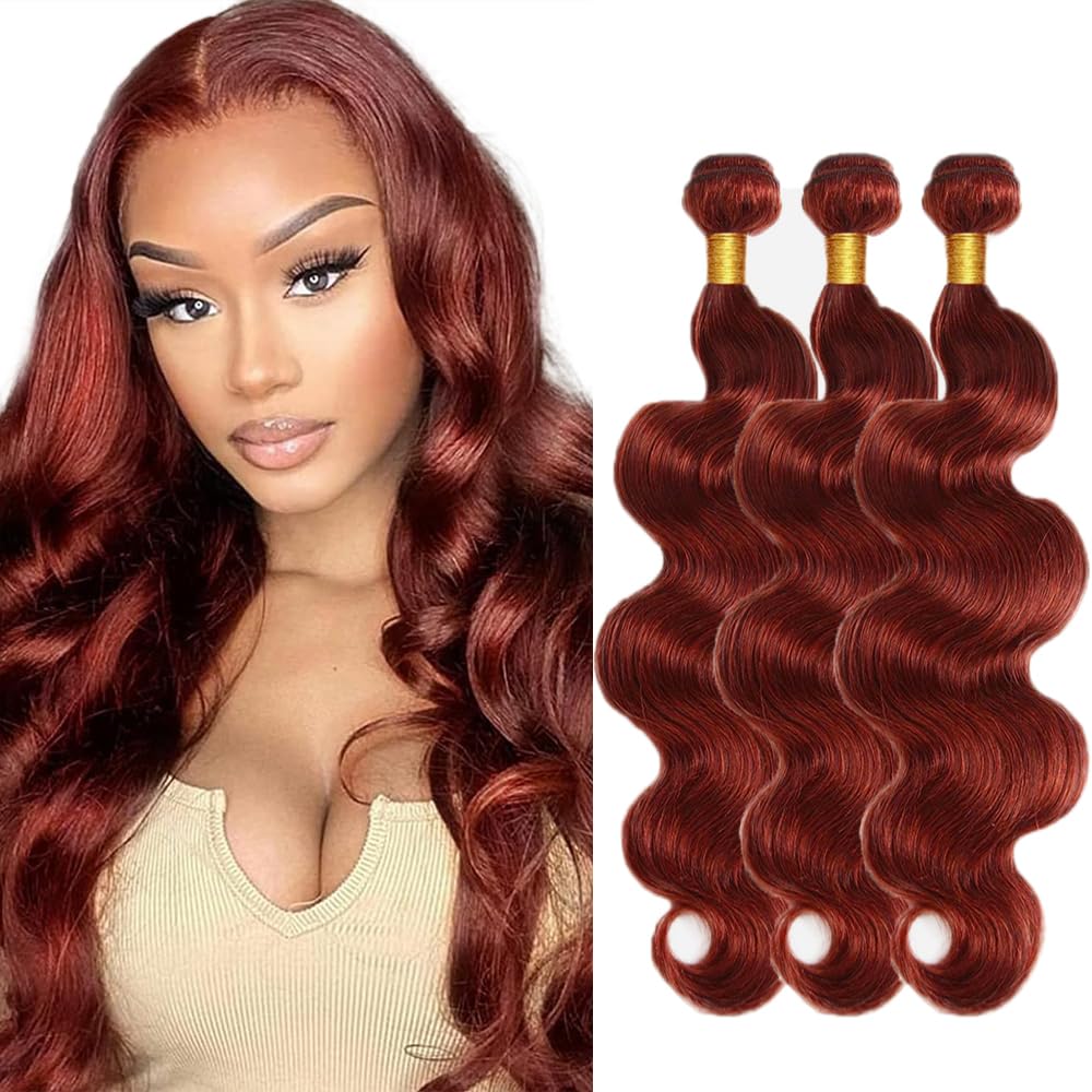 Copper Red Body Wave Hair Extensions - 14 Inch Brazilian Virgin Human Hair Bundles | Reddish Brown Color #33