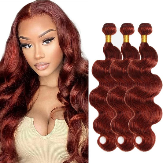 Copper Red Body Wave Hair Extensions - 14 Inch Brazilian Virgin Human Hair Bundles | Reddish Brown Color #33
