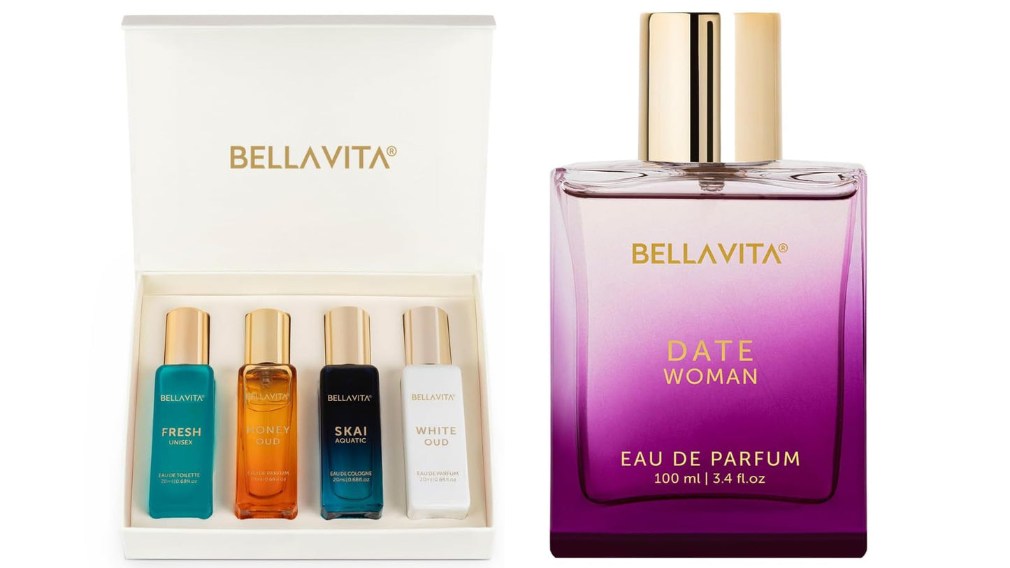 Bella Vita Luxury Gift Set Combo for Women - Date Woman & Women's Gift Set | Pink Pepper, Red Fruit, Jasmine, Oud | Long Lasting Perfume for Women |Vegan & Cruelty free - (4 * 20 ML + 100 ML)