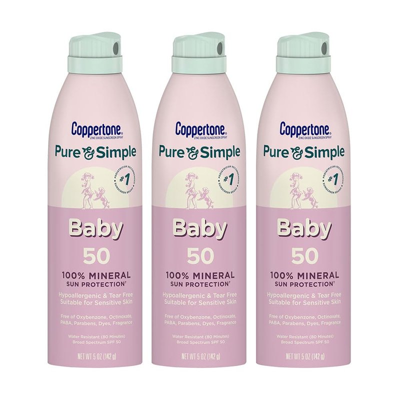 Coppertone Pure and Simple Baby Sunscreen Spray SPF 50, Zinc Oxide Mineral Sunscreen for Babies, Hypoallergenic and Tear Free, 5 Oz Can, Pack of 3