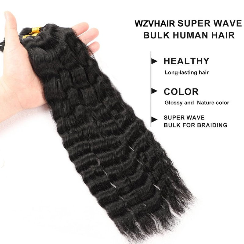 WZVHAIR Super Wave Bulk Human Hair For Braiding No Weft 100g (1Pack-4PCS) Wet and Wavy Human Braiding Hair 100% Virgin Human Hair Super French Human Bulk Hair For Boho Braids (Super Bulk 16 Inch)