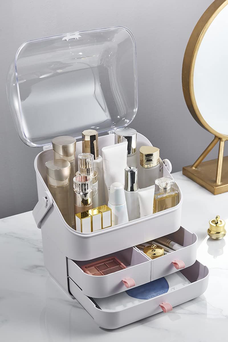 Cosmetic Storage Box - Makeup Organizer with Dust-Free Cover & Portable Handle | Large Display Case with Drawers for Dresser & Bathroom Countertop