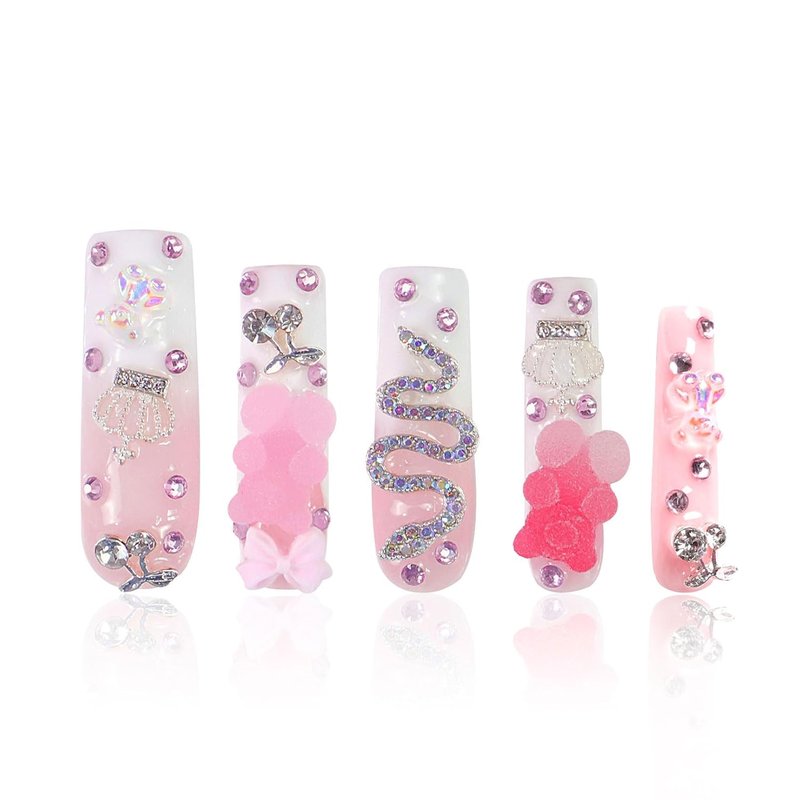 Press On Nails - Gummy Bear Glam with Full Covered Crystals | Reusable Square Mid Length 1.7in