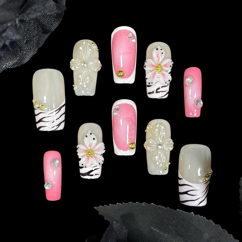 Bold Pink Zebra Stripes Press-On Nails - 3D Floral & Glitter Design | Reusable Acrylic for Parties & Daily Use (Short-Medium)