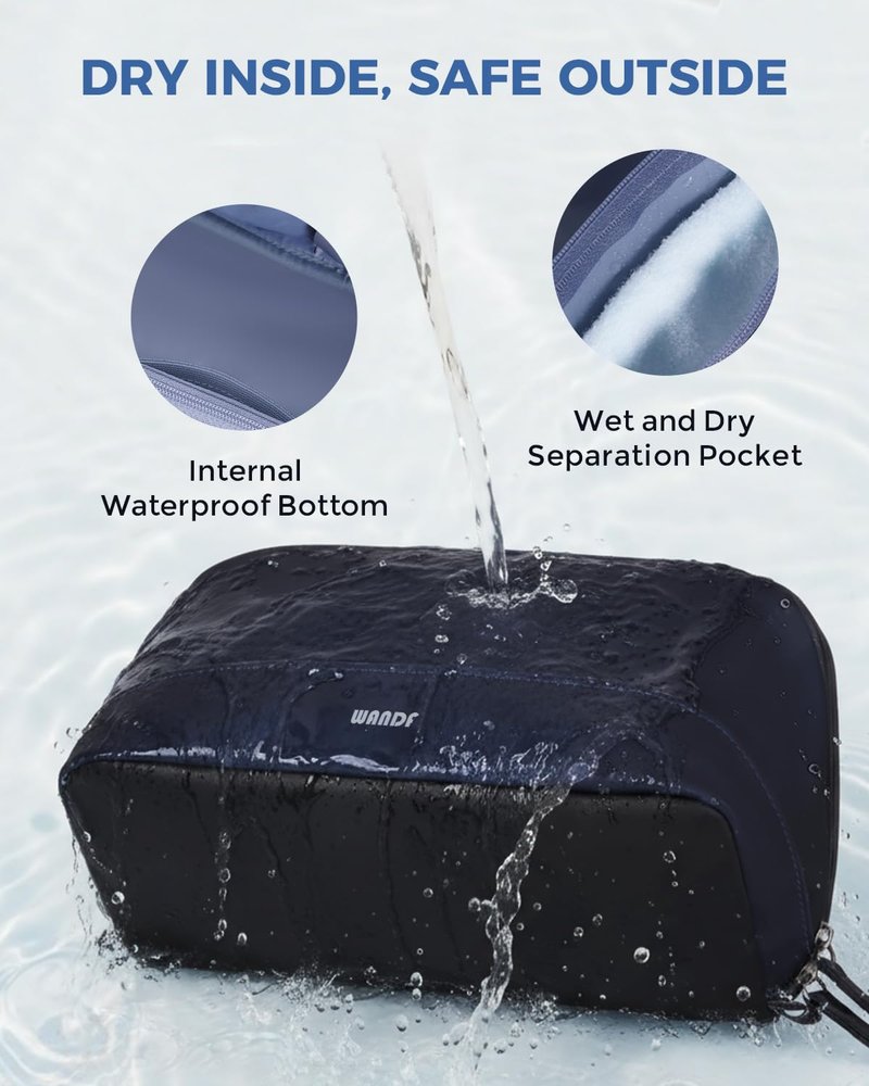 WANDF Toiletry Bag for Men, PU Leather Dopp Kit with Detachable Waterproof Hanging Pouch and Wet Pocket (Navy Blue)
